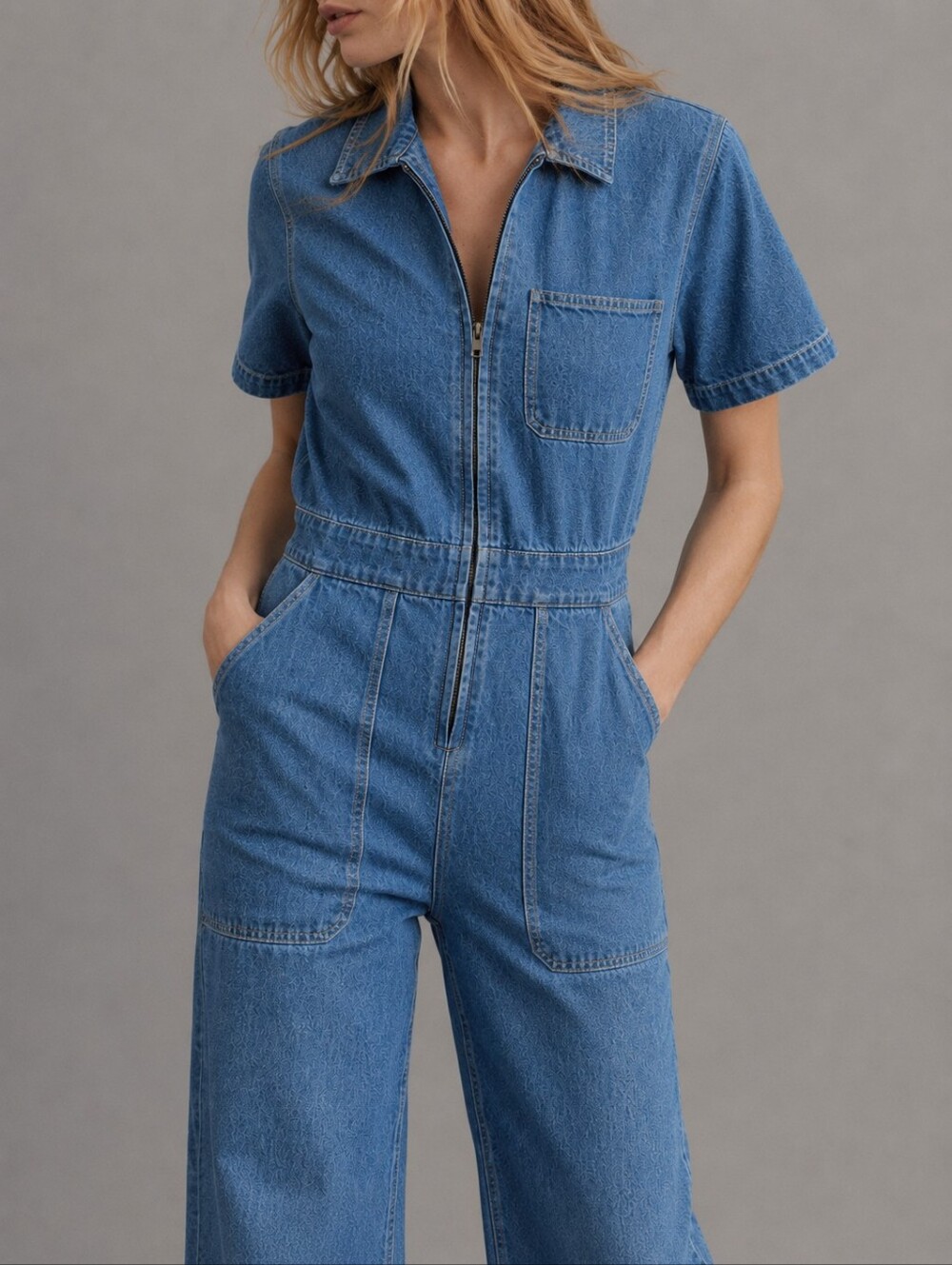 Faherty Blue Denim Organic Cotton Zip Front Short Sleeve Jumpsuit Womens Size 00